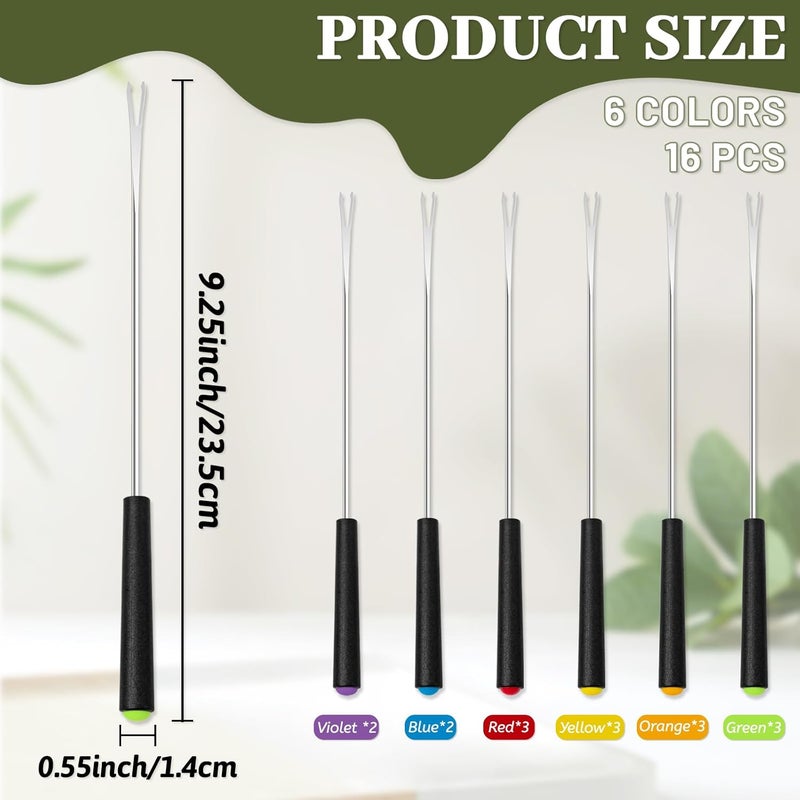 Koceci 16 Pcs Fondue Forks, 9.25 Inch Stainless Steel Fondue Sticks with Heat Protected Handle, Long Forks Suitable for Chocolate Fountain Roast Meat Marshmallows Fruit (6 Colors) - Image 2